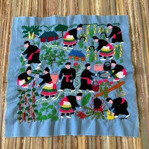 Hmong Story Cloth Hand Embroidered Fabric Square Village Farm Harvest Folk Art